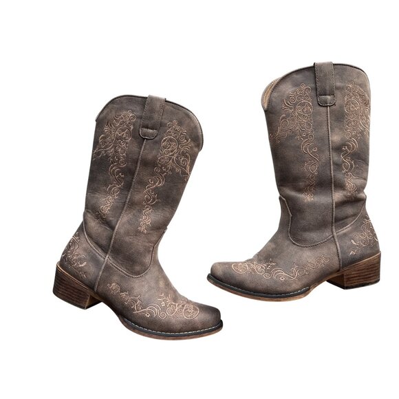 Roper Brown Tall Stuff Western Boots Brown Snip Toe Embroidered Design Size 8 - Picture 3 of 9